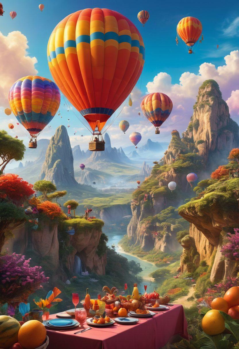 A whimsical depiction of a vibrant alien planet with lush, colorful landscapes, showcasing a fusion of exotic fruits and dishes on a dining table. In the background, travelers engage in wellness activities like yoga, surrounded by unique flora and fauna. Brightly colored hot air balloons float in the sky, symbolizing adventure and exploration. The atmosphere is filled with cheerful energy and a sense of community. vivid colors. fantasy art. 3D.