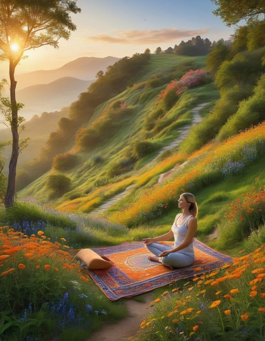 A serene scene depicting a peaceful morning in nature, featuring a person practicing yoga on a lush green hillside, surrounded by blooming wildflowers and a gentle sunrise casting warm hues. Incorporate elements of mindfulness, like a meditation cushion and a steaming cup of herbal tea nearby. Add birds soaring in the clear sky and a winding path symbolizing a journey to wellness. vibrant colors. super-realistic.