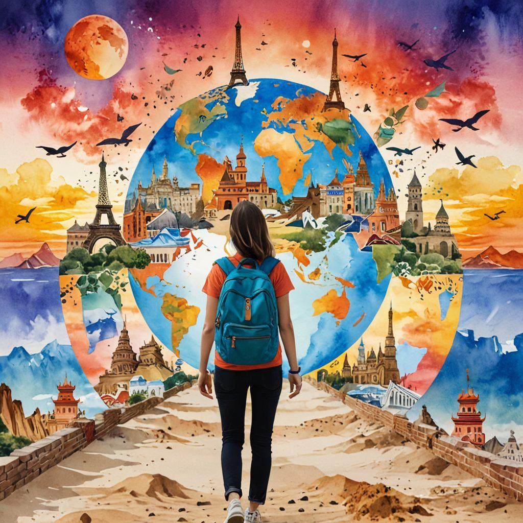 A whimsical collage of travel adventures featuring a globe surrounded by iconic landmarks such as the Eiffel Tower, Great Wall of China, and a vibrant sunset over a serene beach. Include a silhouette of a girl with a backpack looking toward the horizon, with colorful pinpoints representing various travel destinations around her. The scene embodies a spirit of exploration and wonder. watercolor illustration. bright colors. dreamy background.